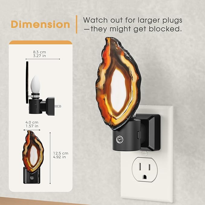 Briignite Agate Night Lights Plug into Wall, Dimmable Night Lights with Adjustable Brightness, LED Nightlight with Dusk to Dawn Sensor, Red Healing Stone Agate 3000K Warm White for Hallway Bedroom