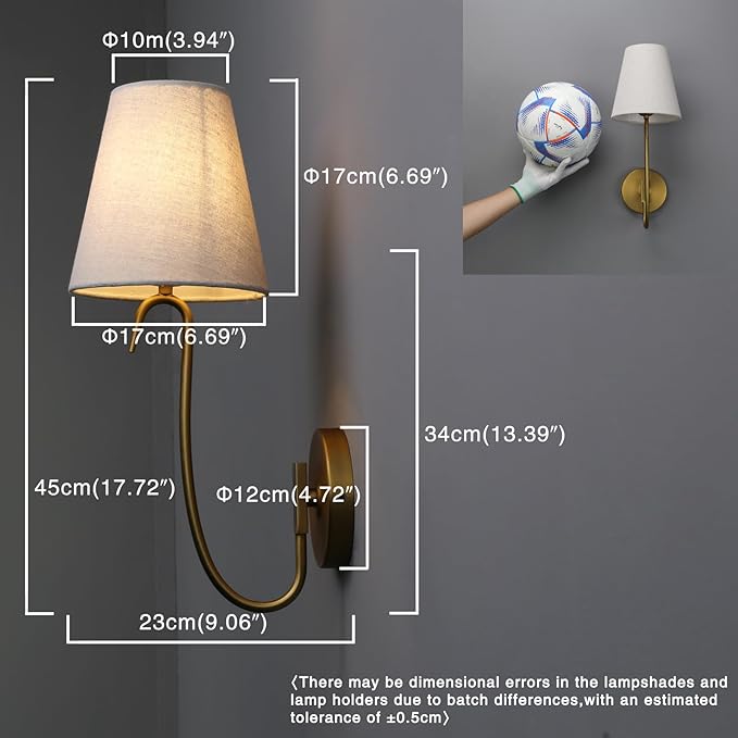 PERMO Antique Gold Wall Sconce with Linen Fabric Shade E26 Hardwired Vintage Rustic Wall Light, Goose-neck Design for Bedroom, Living Room