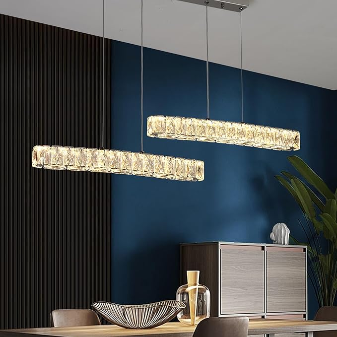 Pendant Light, Modern LED Crystal Chandelier Ceiling Light Fixture, Adjustable Height Hanging Light Pendant Lamp for Kitchen Island, Dining Room, Living Room, Bedroom