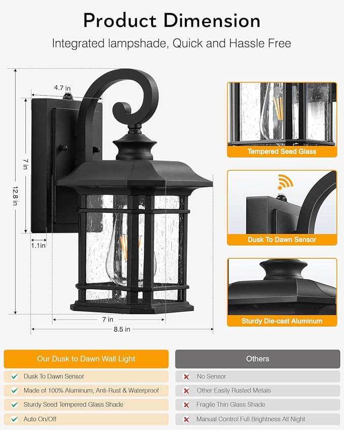 VIANIS Black Outdoor Lights for House, Dusk to Dawn Light Fixture, Waterproof Wall Lights, Porch Lights Outdoor for House, Garden, Garage, Entryway, Anti-Rust