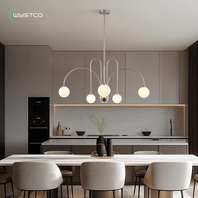 Modern Sputnik Globe Chandelier, 6-Light Nickel Linear Chandeliers for Dining Room and Kitchen Island, Mid Century Light Fixture Over Table, (Milk White Glass Bubble Shades, 40 Inch)
