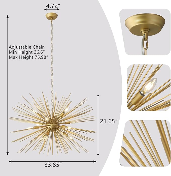 Modern 33.85" Golden Sputnik Chandelier Vintage 12-Lights Geometric Starburst Chandelier Light Fixture Solid Metal Gold Sputnik Chandelier for Dining Room, Kitchen, Bedroom, Living Room, E12