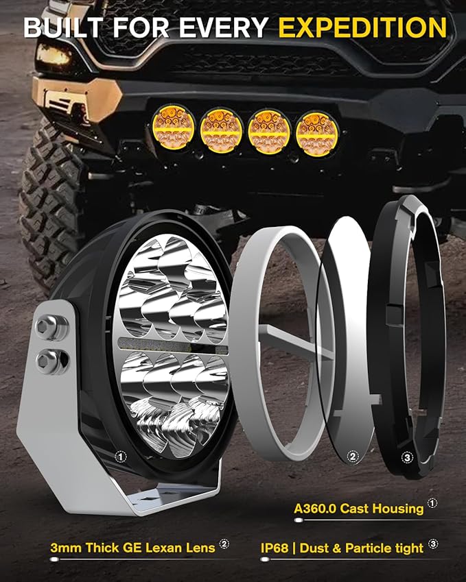 BraveWAY 6.5 Inch Round LED Driving Lights 140W 20400LM Round LED Offroad Light with Wiring Harness White & Amber DRL Spot Flood Combo Beam Auxiliary Light for Truck 4x4 ATV UTV, 2 Years Warranty Pair