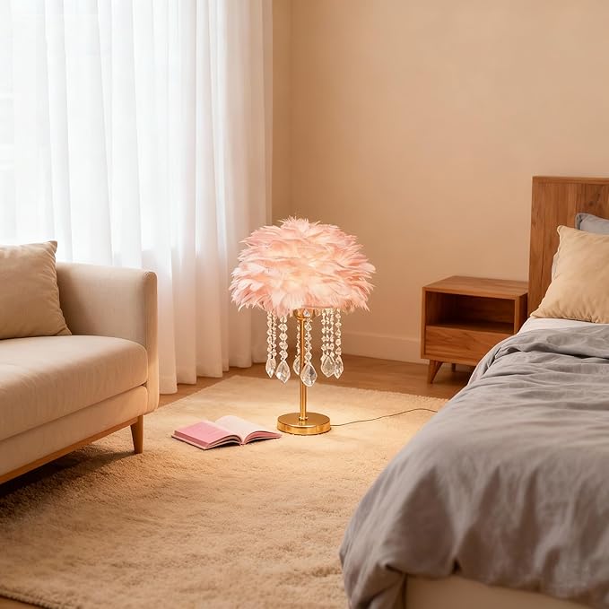 Pink Feather Lamp Cute Romantic Goose Feather Table Lamp Furry Nightstand Light with Gold Base and Crystal, Bedside Lamp for Girl Bedroom Wedding Living Room Hotel Decorative