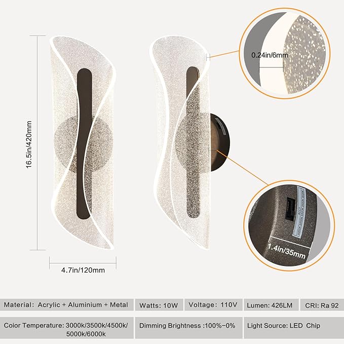 Modern Brown Wall Scones Light 16.5Inch Hardwired Wall Lamps 3000K/4000K/6500K Dimmable LED Wall Lighting for Living Room Hallway Bedroom Stairs