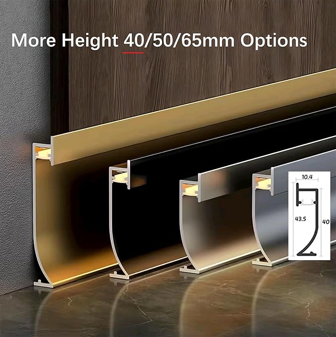 LED Aluminium Metal Baseboard Trim, Matte Silver 12Pcs 40mm x 2500mm 1.57" x 8.2' Total 98.4 ft LED Light Aluminum Wall Base Board Cover Molding Skirting Trim, Embedded Installation Downlight