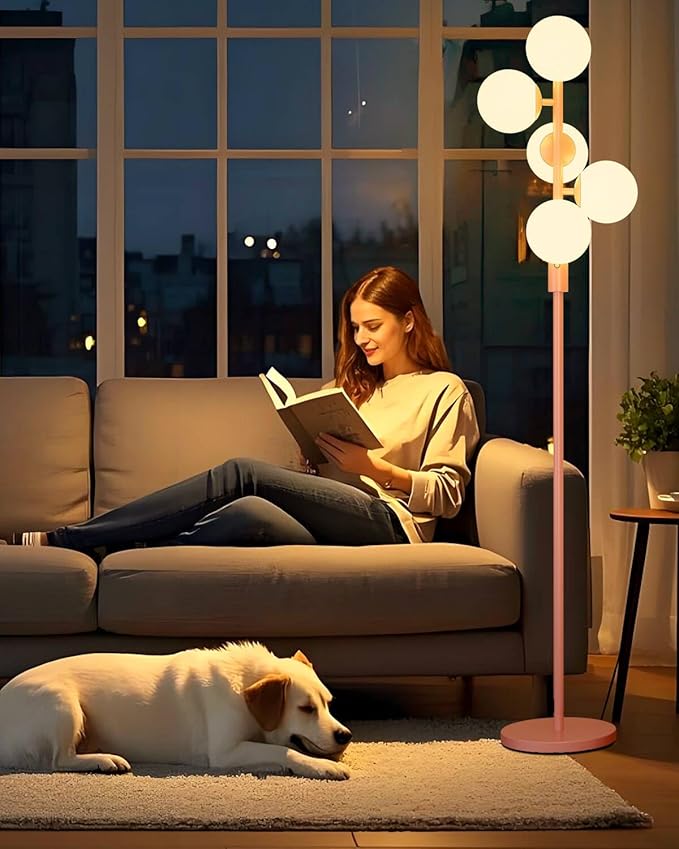 64IN Dimmable Pink Floor Lamp, Tall Standing Lamps with 5 Globe Soft Warm White Eye Care 3000K G9 Bulbs, Mid Century Modern Floor Lamp for Living Room Bedroom Office