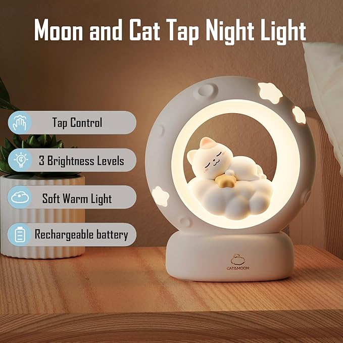 Moon and Cat Rechargeable Night Light, Safe PVC and ABS Material, 3 Brightness Levels, Tap Control, Warm Light, Toddler Sleeping Lamp, Bedroom Night Lamp, Gift for Baby and Kid (Moon and Cat)