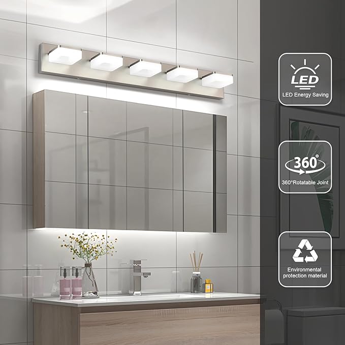 Brushed Nickel Vanity Lights for Bathroom 5 Light Vanity Lighting Fixtures for Mirror 32" Adjustable 5500K Modern LED Vanity Light Over Mirror, Bath Wall Lighting Fixtures