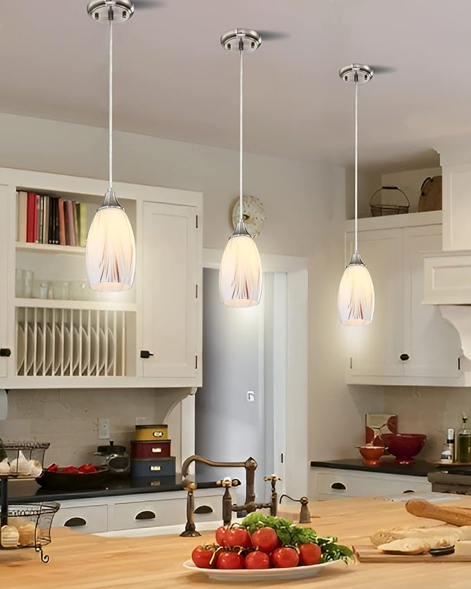 Mini Milk Glass Pendant Lights,Handcrafted Art Glass Pendant Hanging Light fixtures with Brushed Nickel Finish Adjustable Cord Glass Pendant Light Shade for Kitchen Island,Hallway,Dining Room