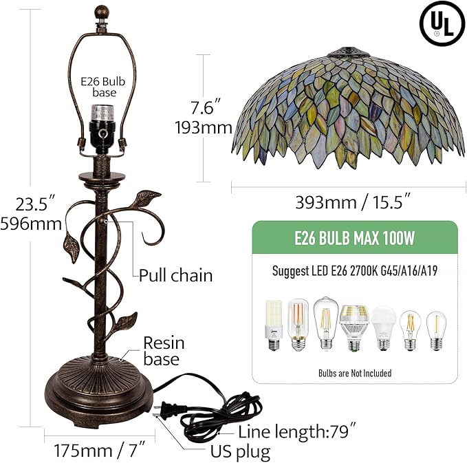 Tiffany Style Table Lamp Vintage Stained Glass Desk Lamp Mable Gradient Green Wisteria Bedside Reading Light Decor Bedroom Living Room Home Office D15 xH24 (Green Wisteria)