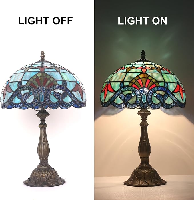 Stained Glass Table Lamp,12x12x19 Inch Antique Table Lamp for Tiffany Style Bedroom、Living Room、Home、Office Decor Lamp (Baroque)