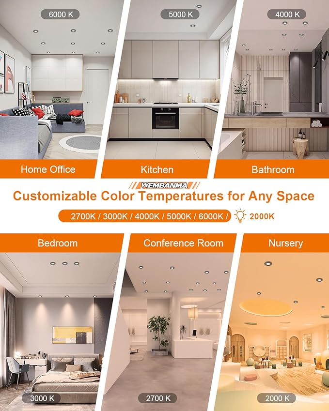 4 Inch Led Recessed Lights - with Night Light, 5CCT+2000K, LED Recessed Lighting, Canless Recessed Lighting 4 Inch, 12+3W 1100LM, Dimmable, ETL, with Junction Box, Black, 6 Pack