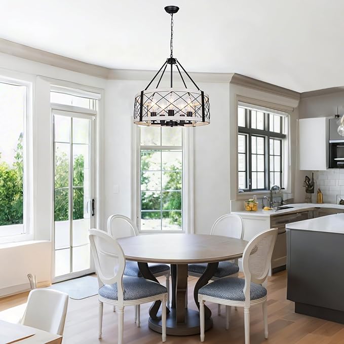 5-Light Vintage Farmhouse Chandelier, 20'' Antique White Rustic Chandeliers for Dining Room, Adjustable Metal Drum Hanging Pendant Light Fixture for Foyer Entryway Bedroom Hallway Kitchen