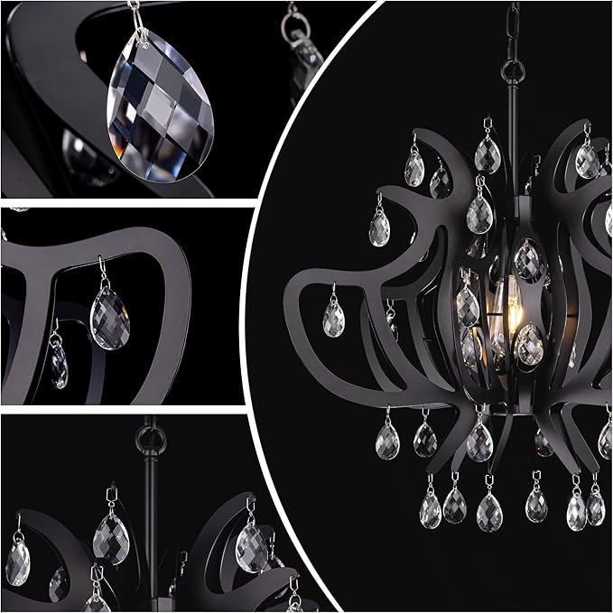 TOCHIC Black Chandelier, 24" Modern Farmhouse Crystal Chandeliers for Dining Room, Mid Century Metal Ceiling Light Fixture for Bedroom, Entryway, Living Room, Kitchen Island, Foyer