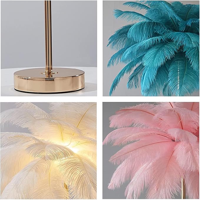 White Ostrich Feather Lamp,3-Color Temperature Modes,40 Feathers and 5 G4 LED Light Bulbs,Pink Lamp for Girl's Bedside,Golden Base (Light Pink)