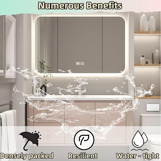 60IN Pink Modern Bathroom Vanity - Bathroom Vanities Set with 2 Drawers Wall Mounted | Rounded Corner Smart Defogging Mirror Cabinet with Lighting & Time Display, Side Opening Storage Shelf (Style B)