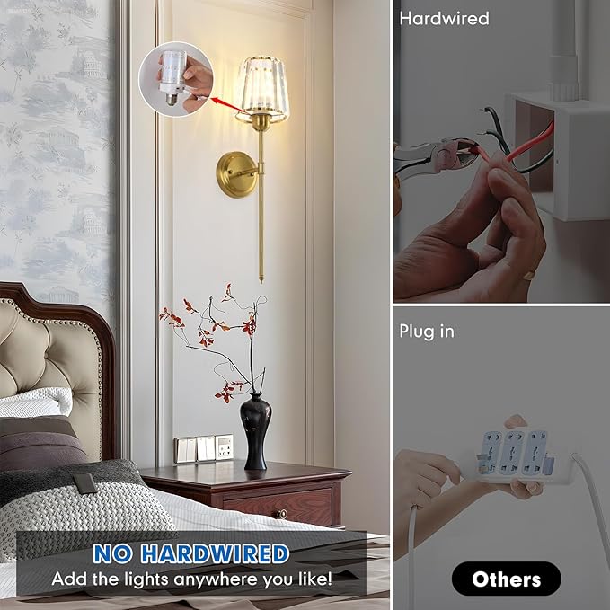 Crystal Battery Operated Wall Sconces Set of 2, Gold RGB Rechargeable Wireless Wall Sconce with Remote for Wall Decor Bedroom Living Room 2 Bulbs Included