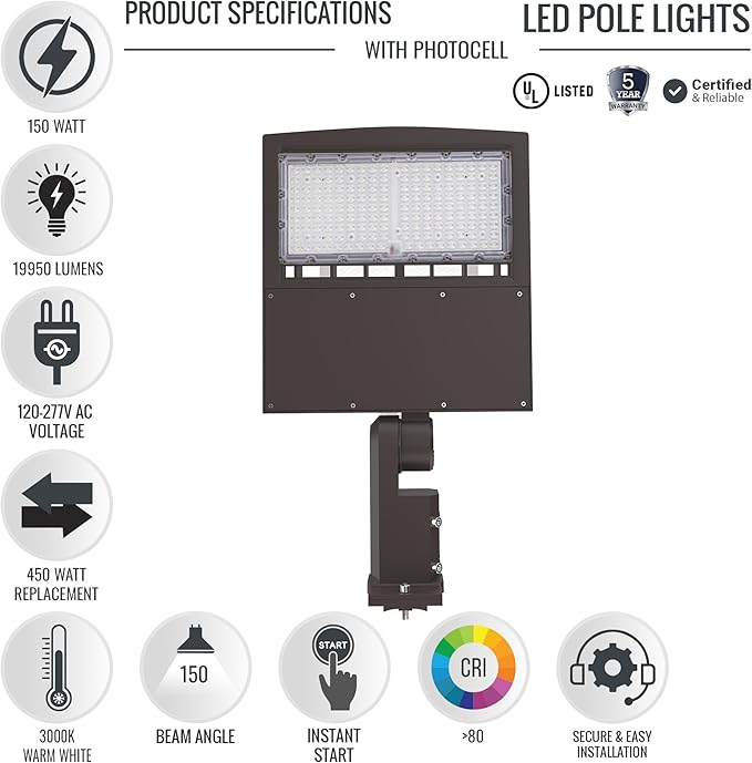 LEDMyplace LED Parking Lot Light 150W 120W 100W Adjustable, Dusk to Dawn Photocell, 3000K, 19200 LM, AC120-277V, IP65 Waterproof Commercial Street Security Shoebox Lights for Pathway Stadium Court
