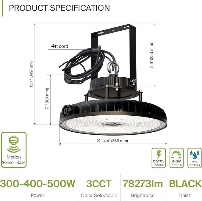 ASD LED High Bay UFO Light Fixture, Commercial Shop Lighting | 3CCT, Dimmable, IP69K Waterproof, DLC Premium, UL Listed | 500W 78000LM 3000-5000K 277-480V | Warehouse, Garage, Workshop Lamp | Black