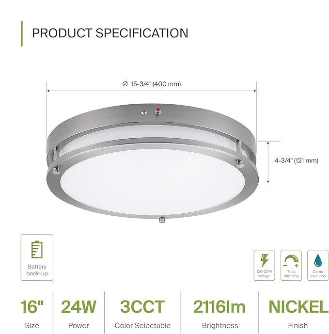 ASD LED 16" Round Flush Mount Lighting, Close to Ceiling Light Fixture | 3CCT, Dimmable, Battery Backup, ETL Listed | 24W 2150LM 3000-5000K 100-277V | Low Profile Double Ring Lamp | Nickel
