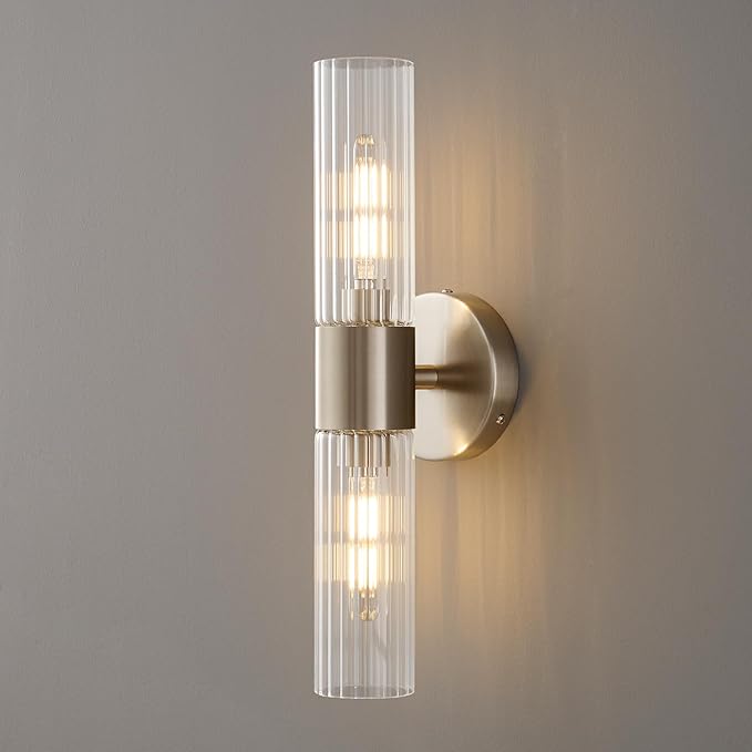 Bathroom Light Fixtures 2-Light, Modern Vanity Light for Bathroom, Wall Sconce, Bath Light with Glass Rods Shades for Mirror Bedroom Hallway (Brushed Nickel)