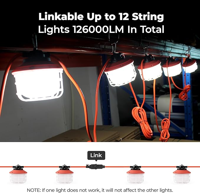 Construction String Lights:75W 50FT 3 Prong Linkable Super Bright LED String Work Lights for Construction Sites Temporary Work Jobsite IP65 Waterproof 18AWG Wire Work Light with Cage