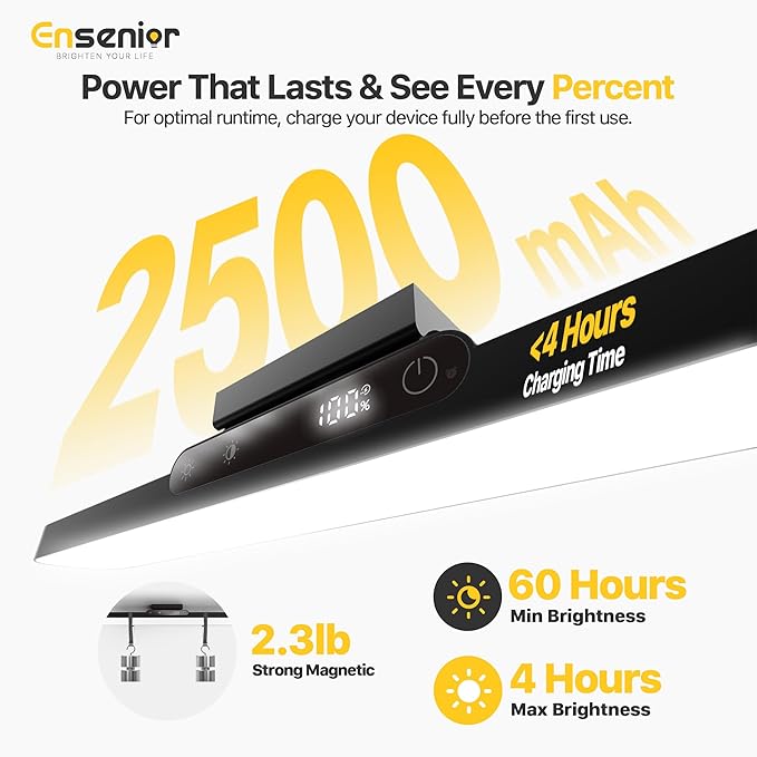 Ensenior 5W Rechargeable Light Bar with Remote, Magnetic Led Lights with Battery Display, 2500mAh Dimmable and Adjustable Angle Makeup Light with 3CCT for Cabinet, Closet, Bathroom and Desk