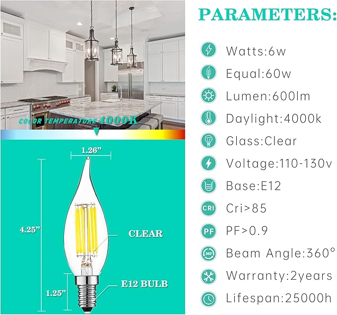 AMDTU E12 60 Watt Equivalent LED Candelabra Bulb CA10 Candle 4000K Daylight Dimmable Small Base Chandelier Light, Ideal for Dining Rooms, Living Rooms, and Porches, Long-Lasting Cozy Indoor Light