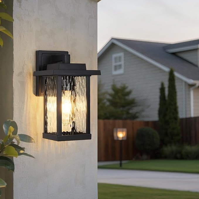 Outdoor Wall Light Fixtures, Modern Exterior Wall Mount Lanterns, Outside Wall Sconces in Black Finish with Water Ripple Glass for Porch Patio Farmhouse, 2-Pack