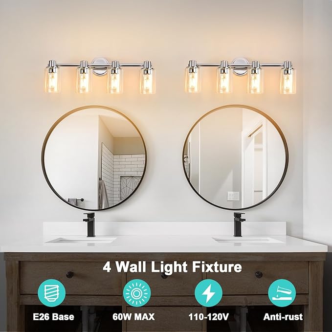 4 Light Bathroom Wall Light Fixtures Chrome Bathroom Wall Sconce with Clear Glass Lights Over Mirror Vanity Lights E26 Base