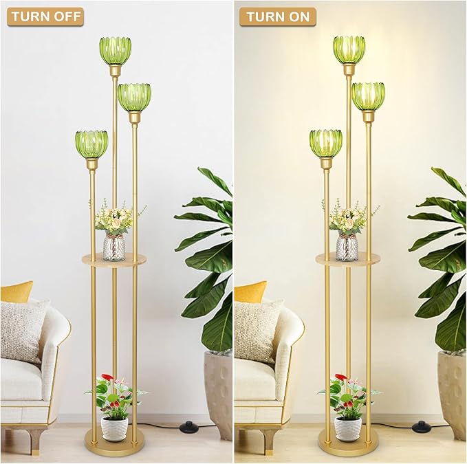 HMVPL MVPL Crystal Floor Lamp with Shelves,Floor Lamps for Living Room (Gold-Green Flower Shade, Glass)
