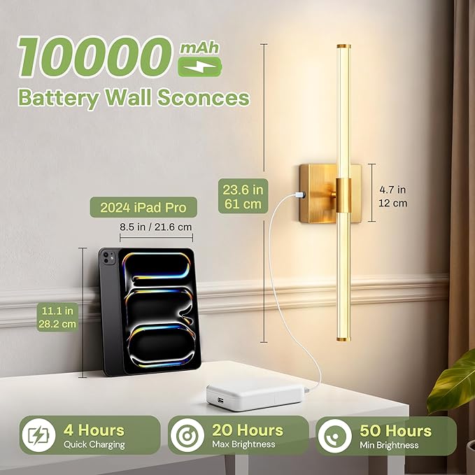 L LOHAS LED Battery Operated Wall Sconces Set of 2, 10000mAh Gold Battery Wall Sconce, 3000K Dimmable Wireless Wall Light, Sconce Wall Decor for Bedroom, Living Room, 24in