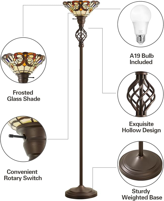 GyroVu Tiffany Floor Lamp, Torchiere Floor Lamps with Stained Glass, 71 Inch Tall Floor Standing Reading Light for Living Room Corner Bedroom Home Office, Bulbs Included
