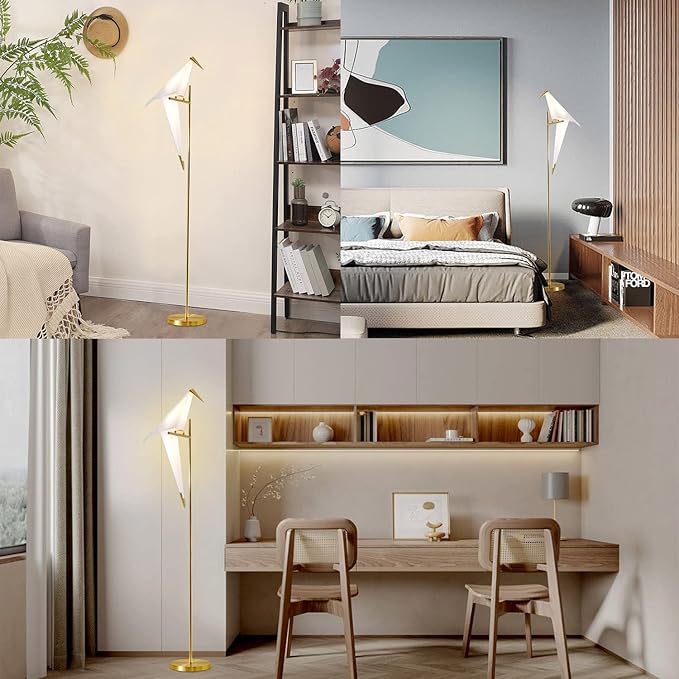MORE CHANGE 62-Inch Modern Bird Floor Lamp, Origami Bird Lamp Gold Standing Lamp with Birds Shade Swing Paper Crane Floor Light Fixtures for Living Room Bedroom Office