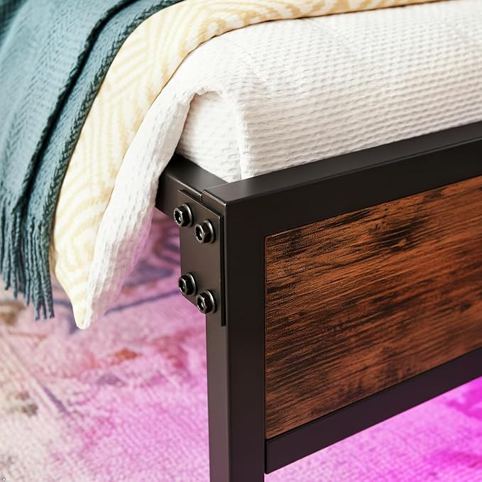 Full Size Bed Frame with LED Lights & Charging Station,Bed Frame Full with Headboard & 13" Under Bed Storage, All-Metal Support System, No Box Spring Needed, Easy Assembly,Modern Brown