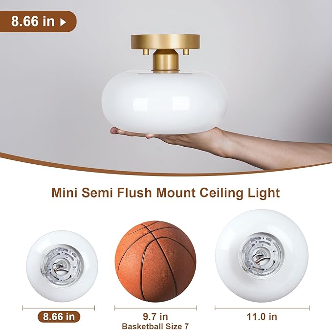 Mid-Century Modern Gold Semi Flush Mount Ceiling Light, Kitchen Ceiling Light Fixture with Glass Shade, Mini White Close to Ceiling Lamp for Entryway Hallway Bathroom (8.66 Inch)