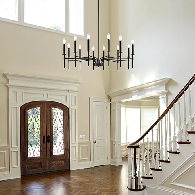 Modern Farmhouse Black Chandeliers for Dining Room Light Fixture, 12-Light Metal Candle Chandelier Lighting for Living Room Foyer Entryway Staircase Bedroom
