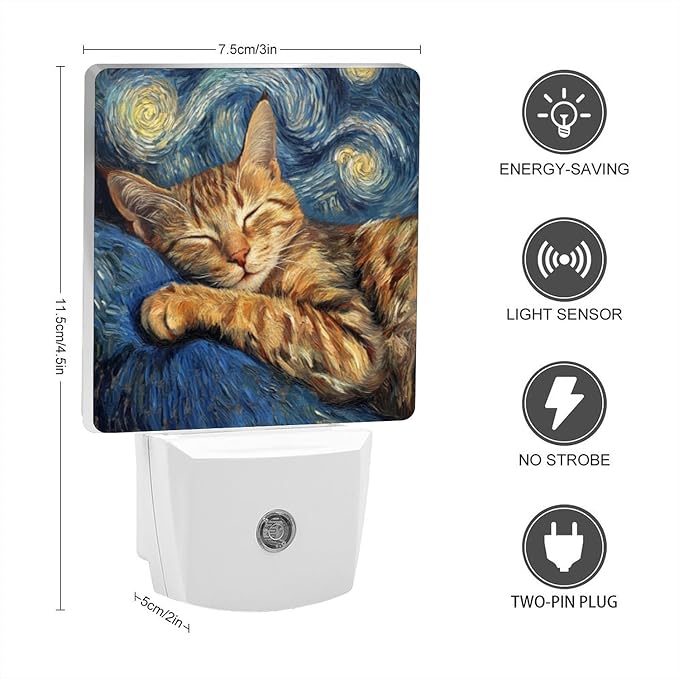 LED Night Lights Plug into Wall,Starry Night Napping Brown Tabby Cat Decorative Night Lights Plug into Wall with Auto Light Sensor for Boys Girls Bedroom Decorative Nightlight Led Lamp