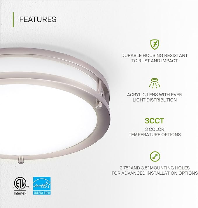 ASD LED 10" Round Flush Mount Lighting, Close to Ceiling Light Fixture | 3CCT, Dimmable, Energy Star, ETL Listed | 16W 1050LM 3000K-5000K 120V | Low Profile Double Ring Lamp | Nickel, 4 Pack