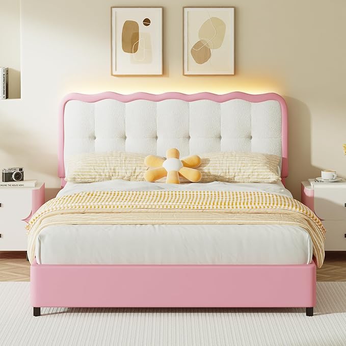 BarnFurin Queen Bed Frame with LED Lights, Queen Size Bed Frame with Headboard LED Lights, Upholstered Platform Bed with Cloud Headboard, No Box Spring Required, Easy Assembly, Pink