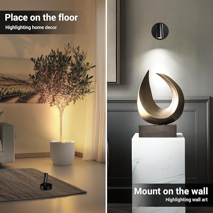 Spotlight Indoor, Wireless Battery Operated with Remote,Uplight Indoor Down Light for Picture on Wall, Plant Spotlight Dimmable Timer, Ceiling Lights Painting for Trees Plant, Black 4 Pack