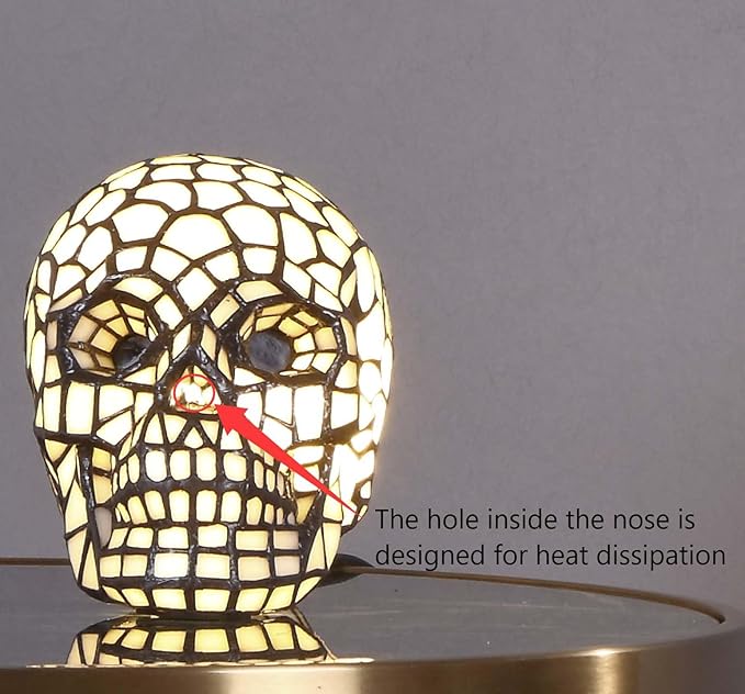 Bieye L10649 Skull Tiffany Style Stained Glass Accent Table Lamp Night Light for Halloween Decor Skull Lovers, White