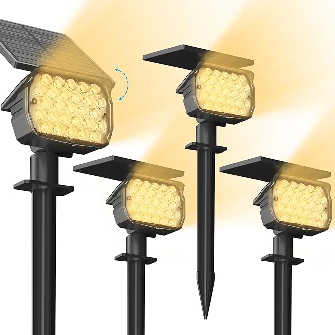 VOLISUN Solar Spotlight Outdoor, IP67 Waterproof Solar Landscape Spot Lights，Uplights for Yard Garden Pathway - 4 Pack (Warm White) 27 LED 3 Lighting Modes