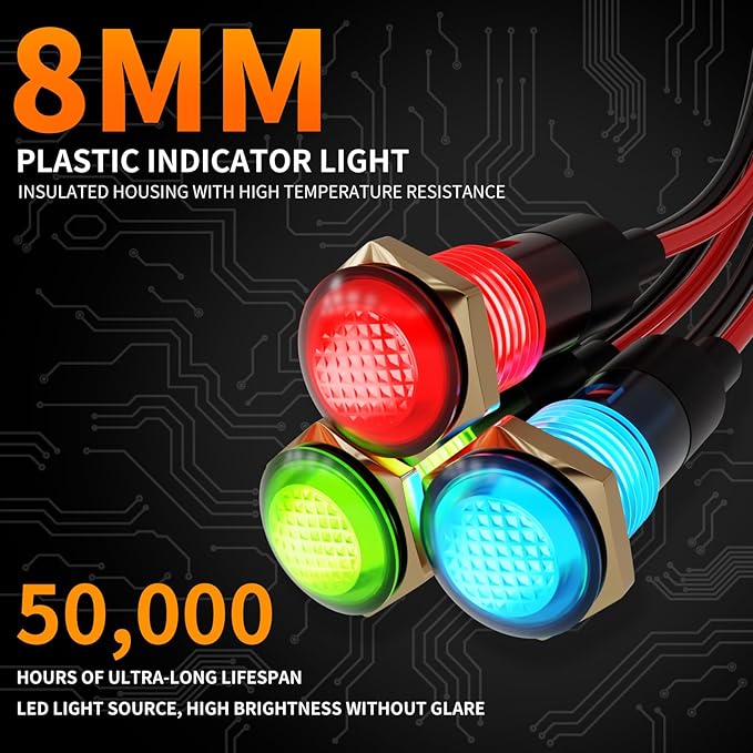 10PCS Small 12V LED Indicator Light, 8mm (5/16") IP67 Waterproof Low Power Pilot Lights Panel Mount for Car, Truck, Boat, Dash 12v 24v(10PCS Red LED)