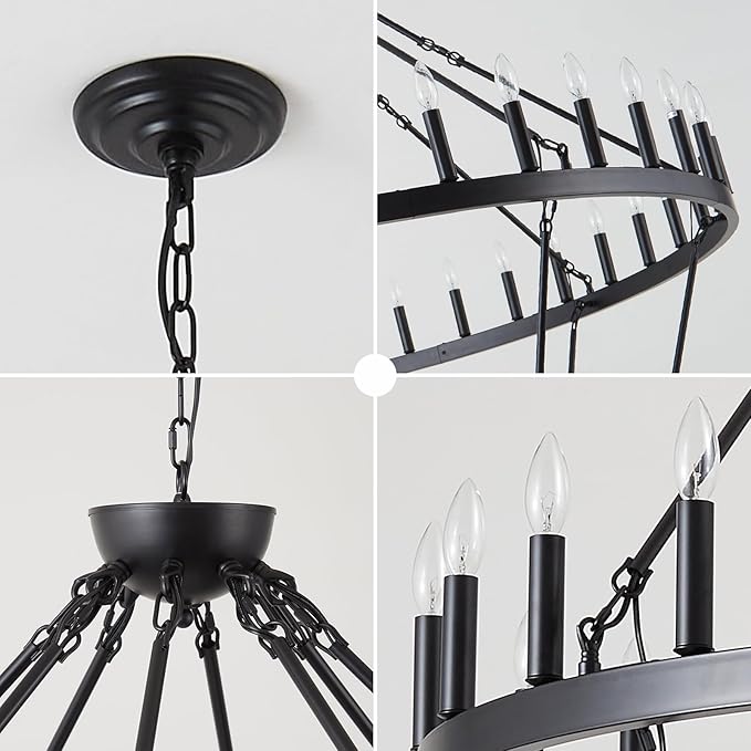 Wagon Wheel Chandelier Farmhouse 2 Tier 64-Light 70-Inch, Black Industrial Chandelier Rustic Candle Pendant Light Fixture Extra Large for High Ceilings, Dining Room, Living Room, Foyer, E12