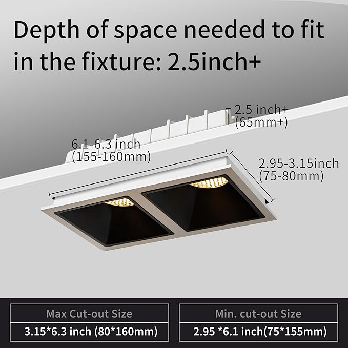 3" Square 24W LED Dimmable Recessed Lighting Downlight, Home Indoor Directional Ceiling Spotlight Surface Fixture with 36° Beam Angle, Honeycomb Mesh Anti-Glare Design, Includes Junction Box