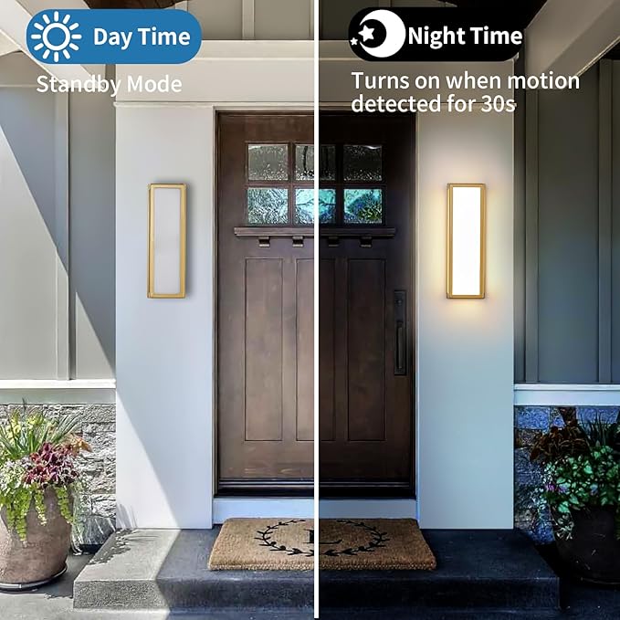 Motion Sensor Outdoor Wall Sconce LED 30W Aluminum - Gold Modern Exterior Light Fixture, 3000K Warm,IP65 Waterproof Rectangular Porch Lighting,for Patio,Garage,Front Door