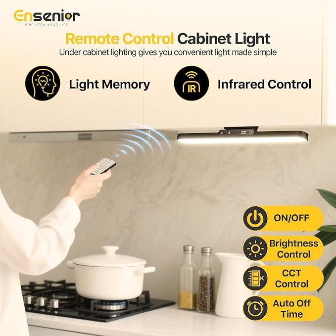 Ensenior 5W Rechargeable Light Bar with Remote, Magnetic Led Lights with Battery Display, 2500mAh Dimmable and Adjustable Angle Makeup Light with 3CCT for Cabinet, Closet, Bathroom and Desk