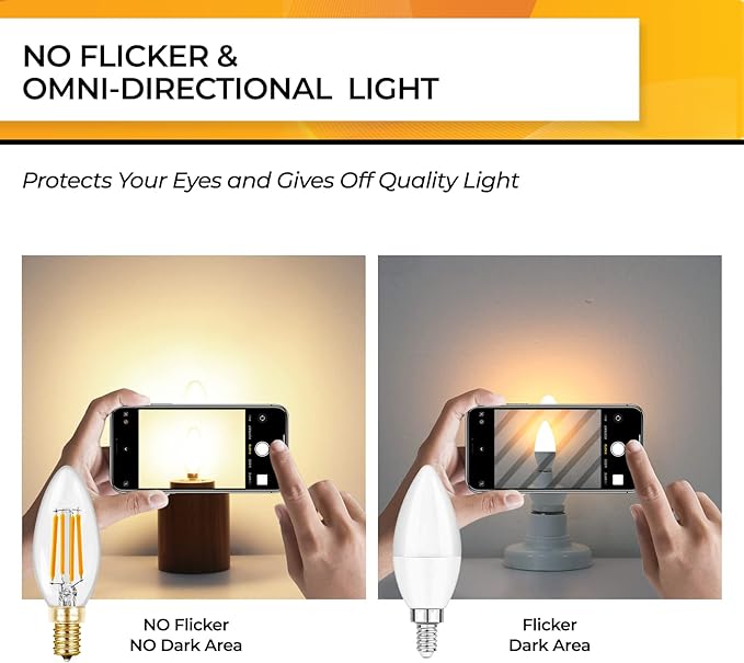 Hizashi E12 LED Bulb Dimmable 60W Equivalent, Chandelier Light Bulbs Soft White 2700K, Candelabra Light Bulbs 90+CRI 6W 550LM B11 LED Candle Bulb with Candelabra Base, UL Listed, 6 Pack
